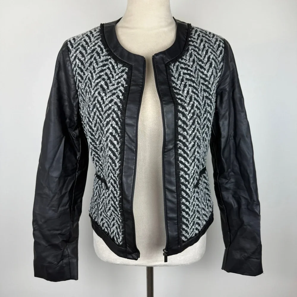 Mossimo Womens Black White Herringbone Tweed Faux Leather Zip Lined Jacket Sz M‎